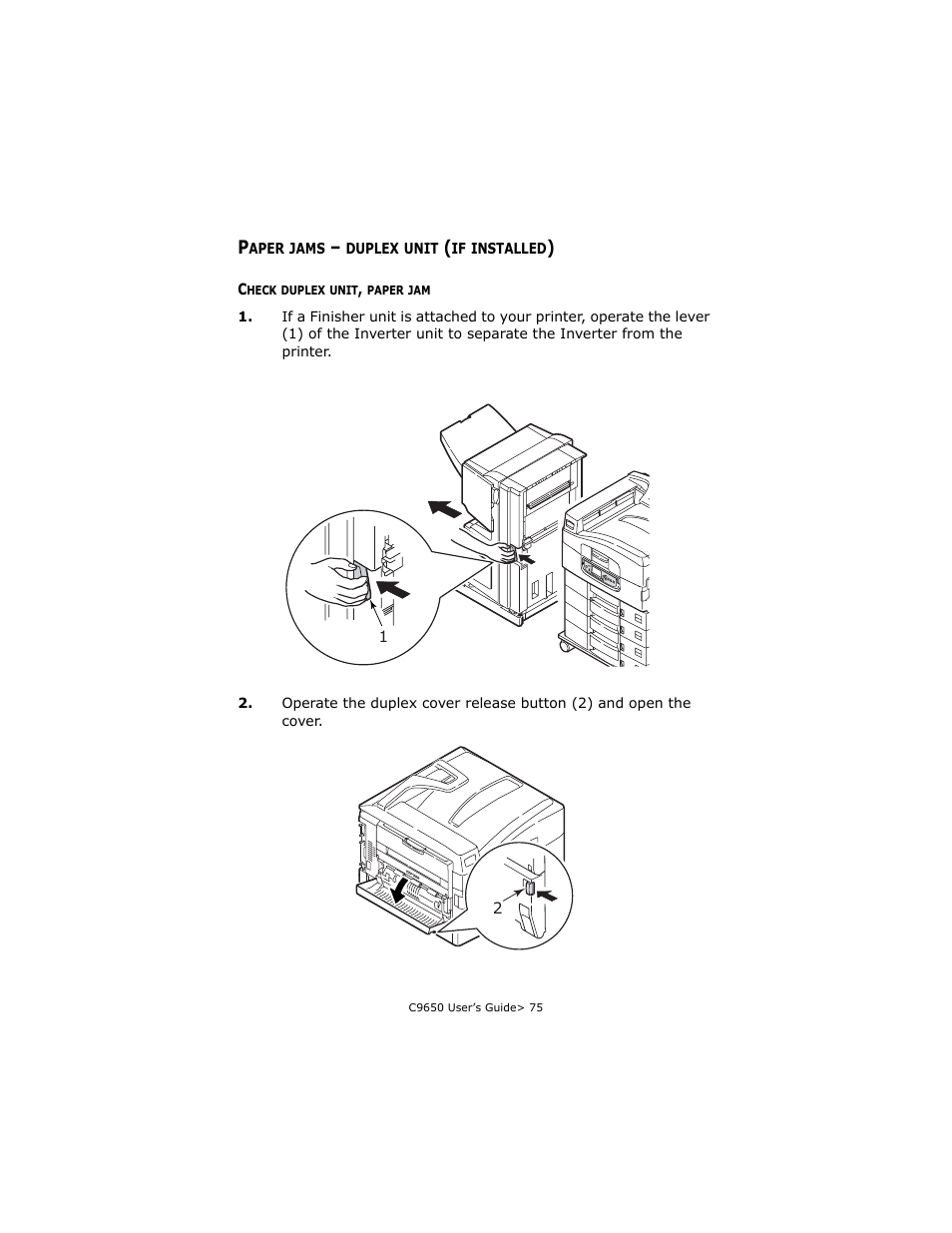 Paper jams - duplex unit (if installed), Check duplex unit, paper jam, Paper jams – duplex unit (if installed) | Oki C 9650dn User Manual | Page 75 / 126