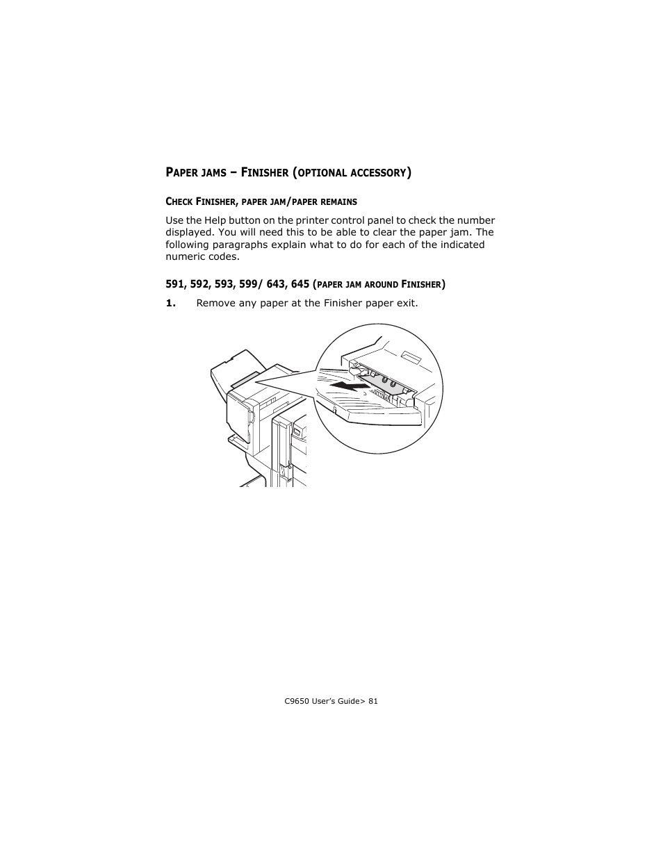 Paper jams - finisher (optional accessory), Check finisher, paper jam/paper remains, Paper jams – finisher (optional accessory) | Around finisher) | Oki C 9650dn User Manual | Page 81 / 126