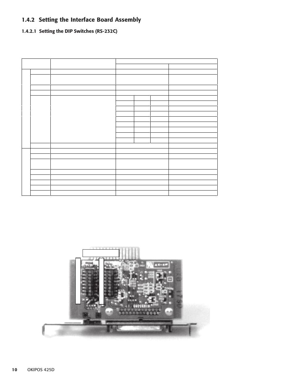 2 setting the interface board assembly, 1 setting the dip switches (rs-232c) | Oki POS 425D User Manual | Page 10 / 137