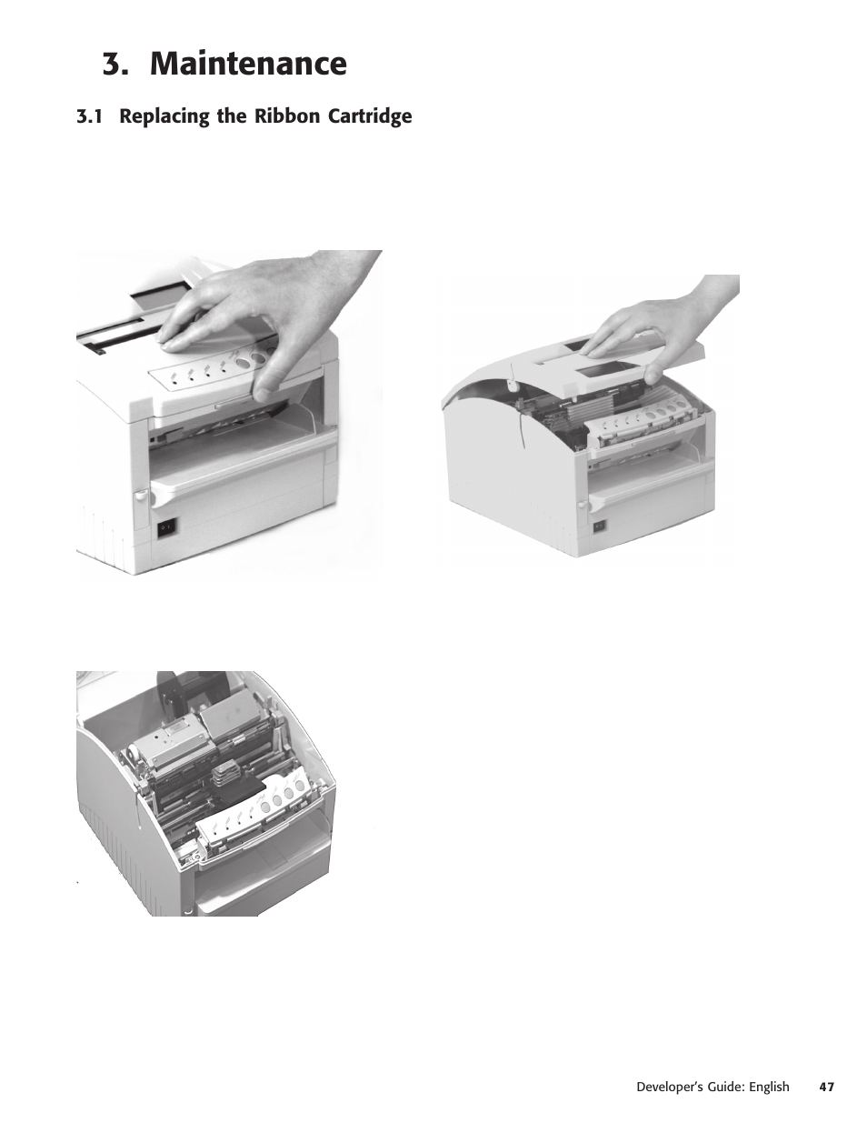 Maintenance, 1 replacing the ribbon cartridge, Maintenance 7 | Oki POS 425D User Manual | Page 47 / 137