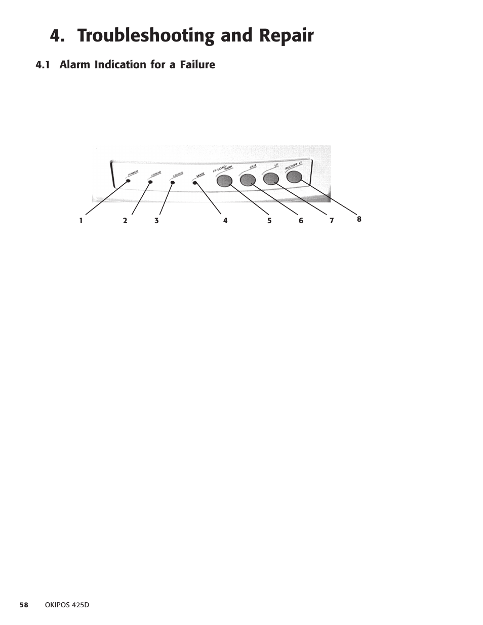 Troubleshooting and repair, 1 alarm indication for a failure, Troubleshooting and repair 8 | Oki POS 425D User Manual | Page 58 / 137