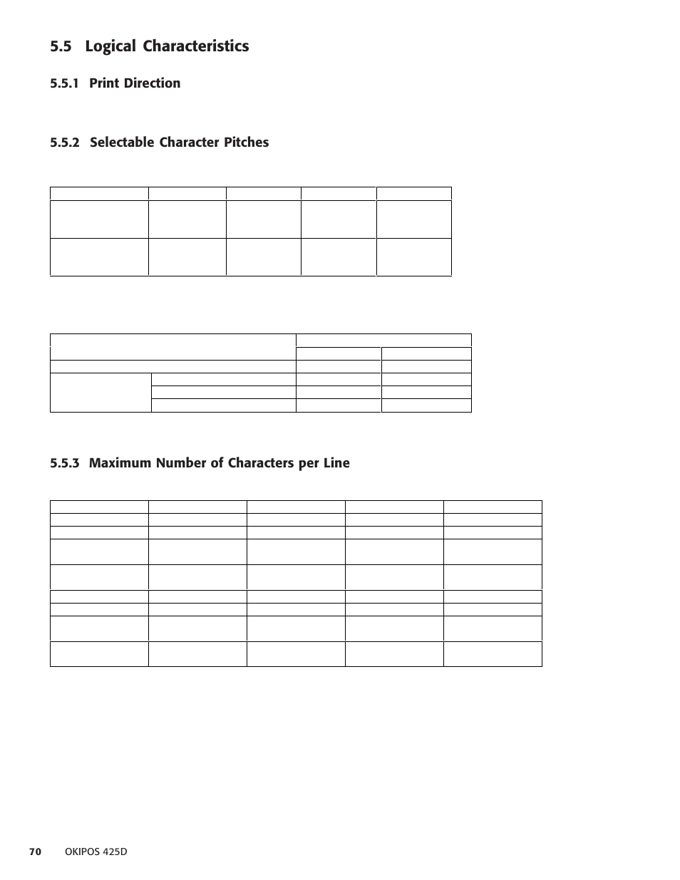5 logical characteristics, 1 print direction, 2 selectable character pitches | 3 maximum number of characters per line | Oki POS 425D User Manual | Page 70 / 137