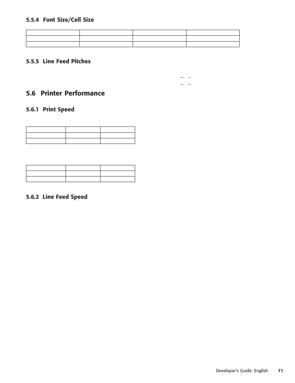 4 font size/cell size, 5 line feed pitches, 6 printer performance | 1 print speed, 2 line feed speed, 4 font size/cell size 5.5.5 line feed pitches, 1 print speed 5.6.2 line feed speed | Oki POS 425D User Manual | Page 71 / 137