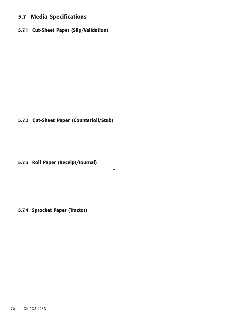 7 media specifications, 1 cut-sheet paper (slip/validation), 2 cut-sheet paper (counterfoil/stub) | 3 roll paper (receipt/journal), 4 sprocket paper (tractor) | Oki POS 425D User Manual | Page 72 / 137