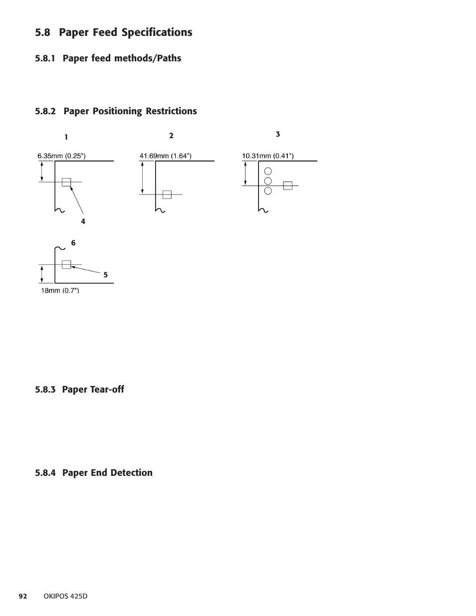 8 paper feed specifications, 1 paper feed methods/paths, 2 paper positioning restrictions | 3 paper tear-off, 4 paper end detection | Oki POS 425D User Manual | Page 92 / 137