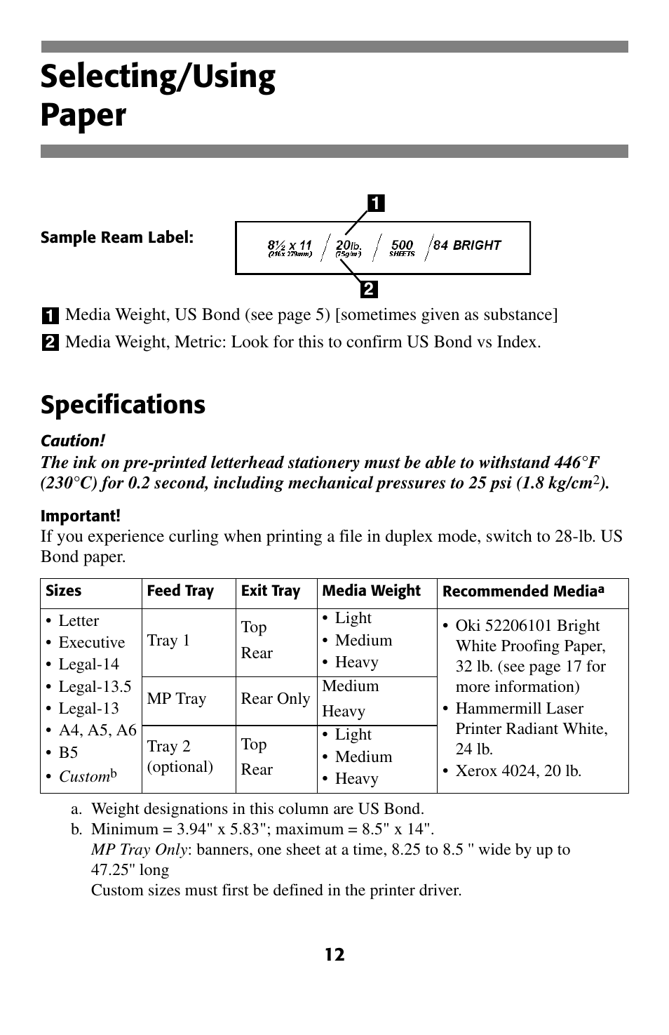 Selecting/using, Paper, Selecting/using paper | Specifications | Oki C 5200ne User Manual | Page 13 / 41