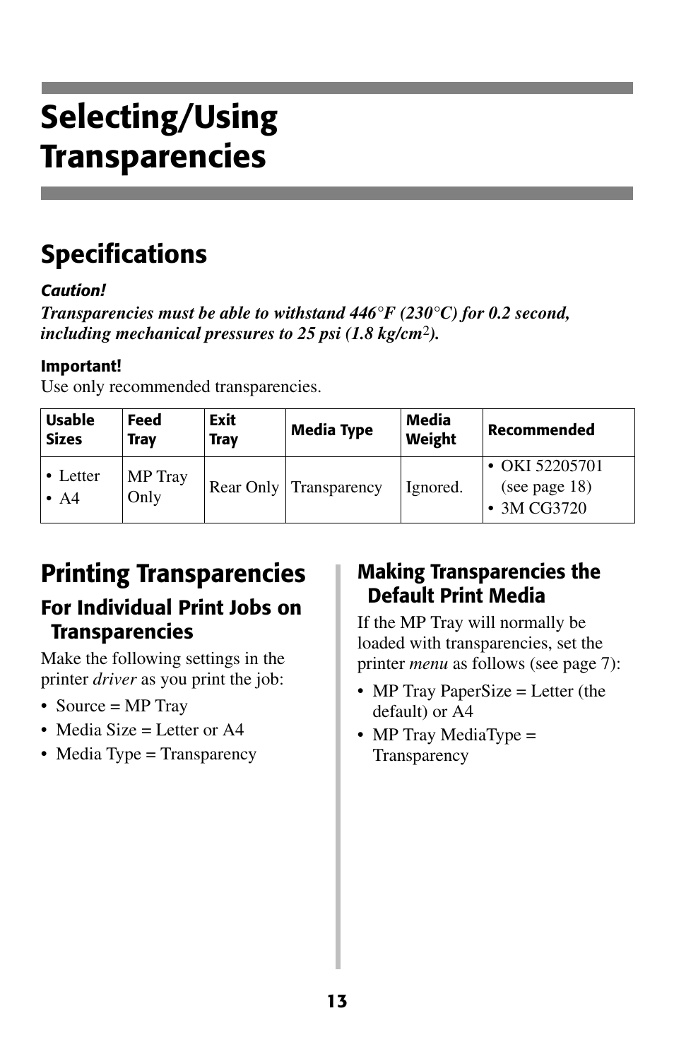 Transparencies, Selecting/using transparencies, Specifications | Printing transparencies | Oki C 5200ne User Manual | Page 14 / 41