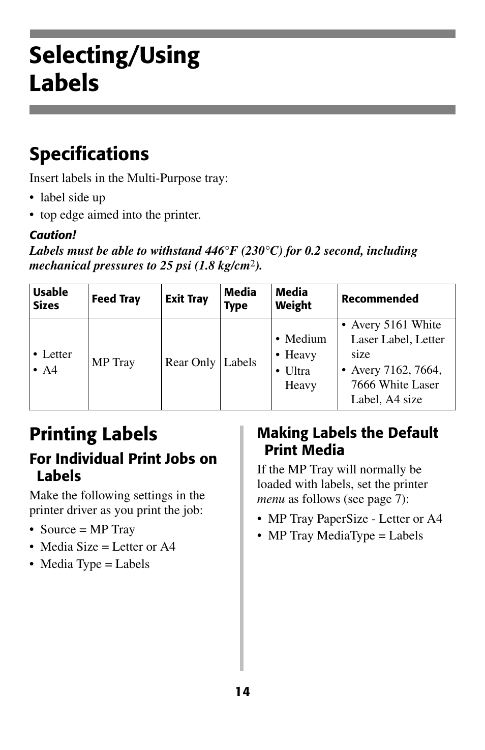 Labels, Selecting/using labels, Specifications | Printing labels | Oki C 5200ne User Manual | Page 15 / 41