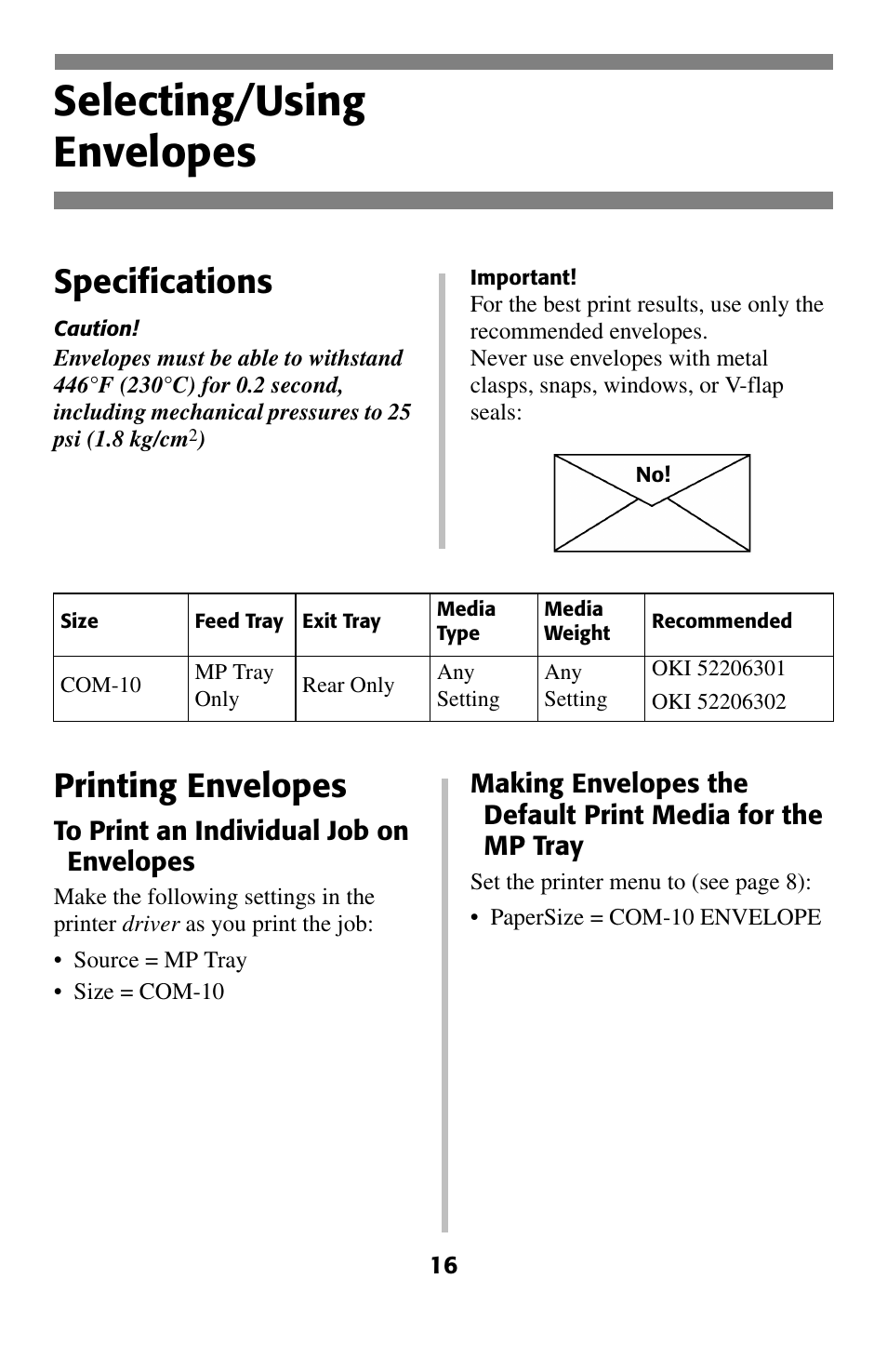 Envelopes, Selecting/using envelopes, Specifications | Printing envelopes | Oki C 5200ne User Manual | Page 17 / 41