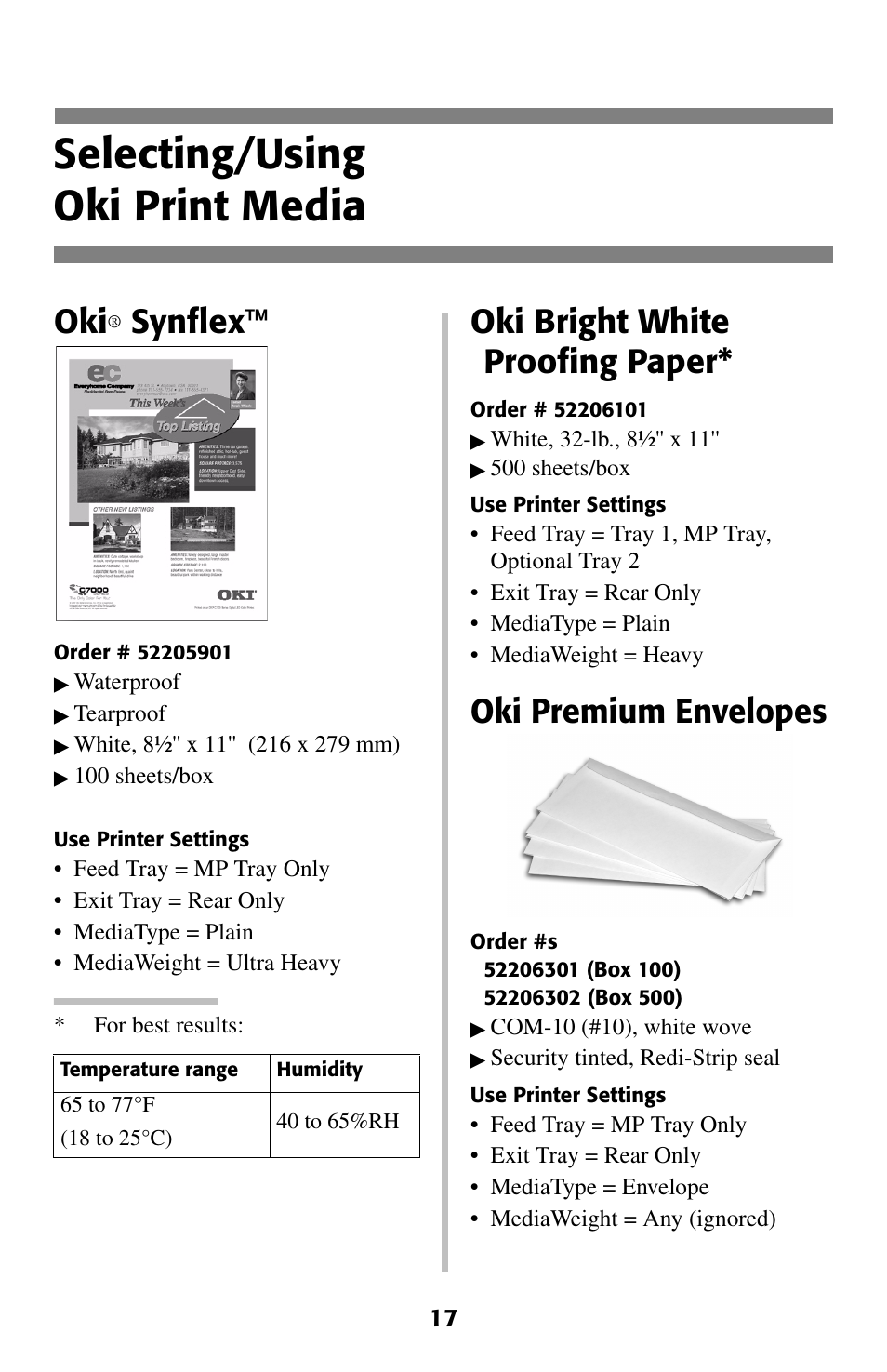 Oki print media, Selecting/using oki print media, Synflex | Oki bright white proofing paper, Oki premium envelopes | Oki C 5200ne User Manual | Page 18 / 41