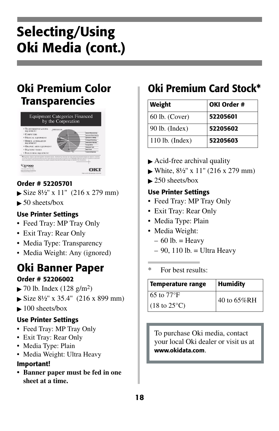 Selecting/using oki media (cont.), Oki premium color transparencies, Oki banner paper | Oki premium card stock | Oki C 5200ne User Manual | Page 19 / 41