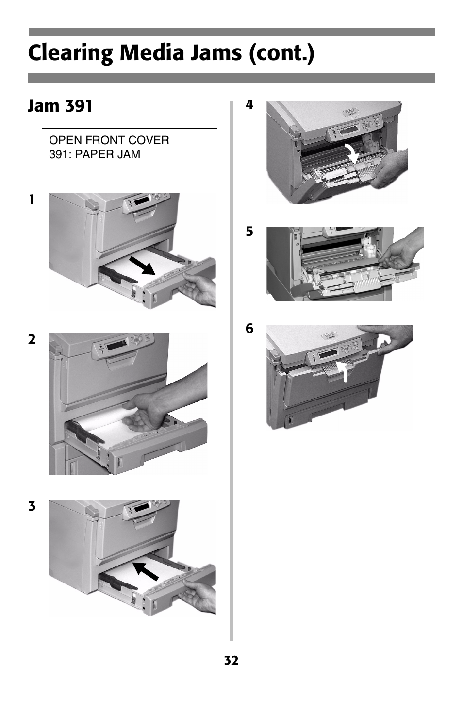 Jam 391, Clearing media jams (cont.) | Oki C 5200ne User Manual | Page 33 / 41