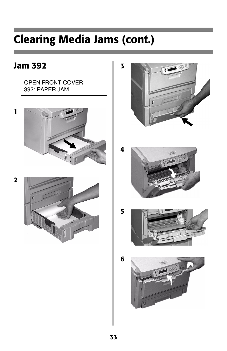 Jam 392, Clearing media jams (cont.) | Oki C 5200ne User Manual | Page 34 / 41