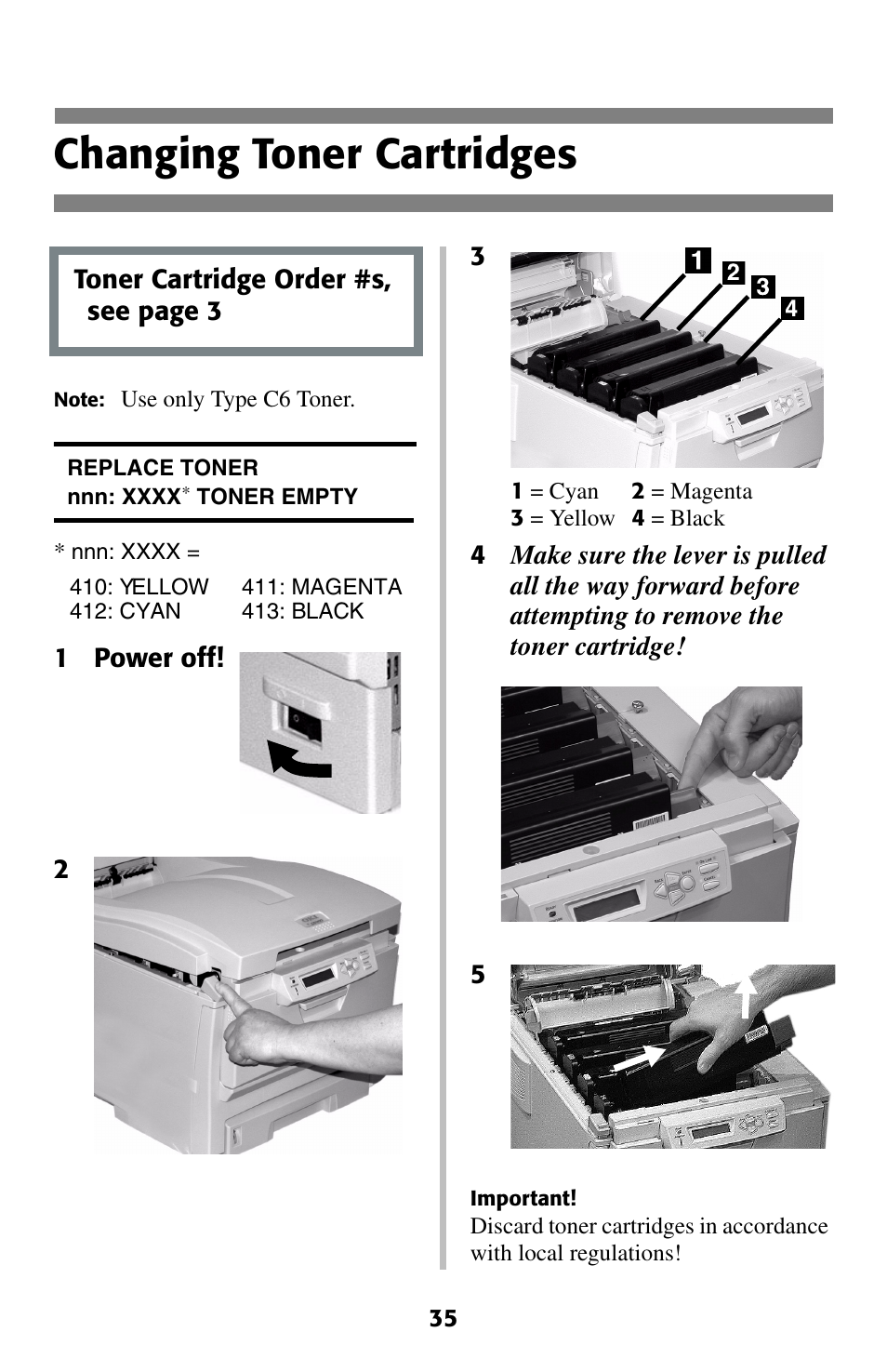 Changing toner cartridges | Oki C 5200ne User Manual | Page 36 / 41