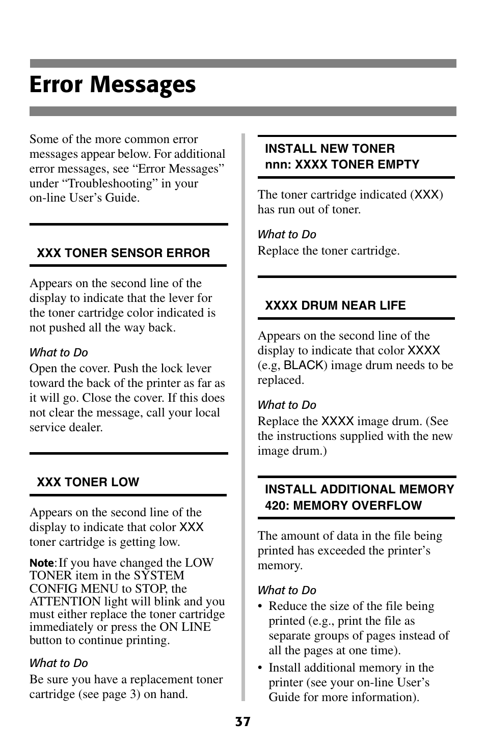 Error messages | Oki C 5200ne User Manual | Page 38 / 41