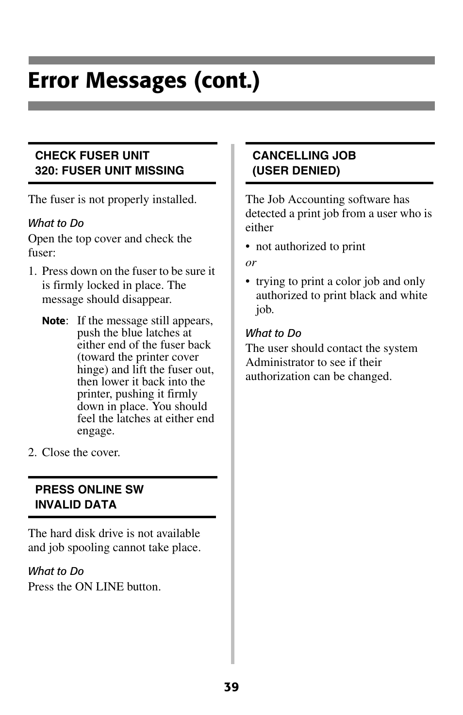 Error messages (cont.) | Oki C 5200ne User Manual | Page 40 / 41