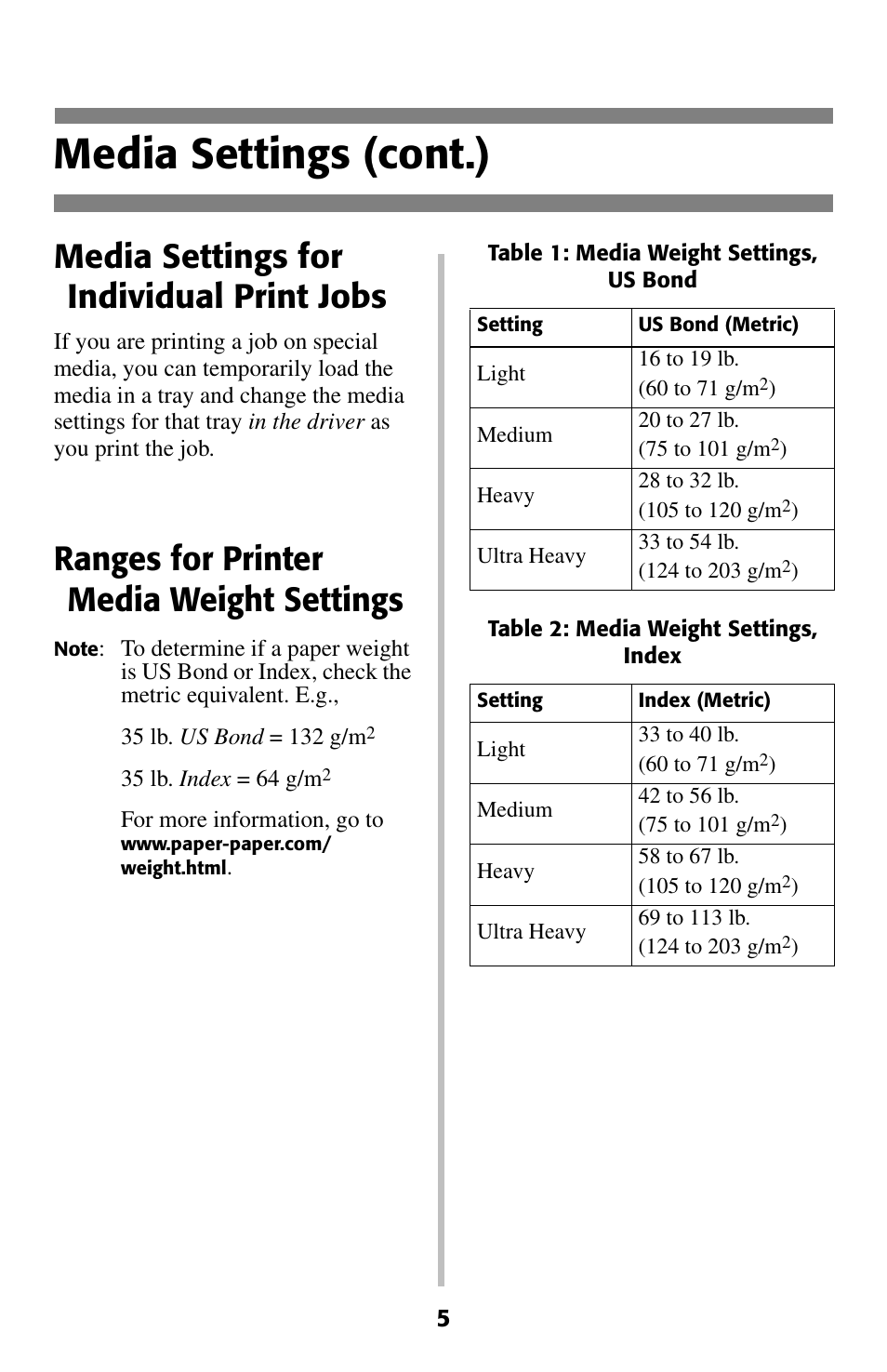 Media settings for individual print jobs, Media settings (cont.), Ranges for printer media weight settings | Oki C 5200ne User Manual | Page 6 / 41