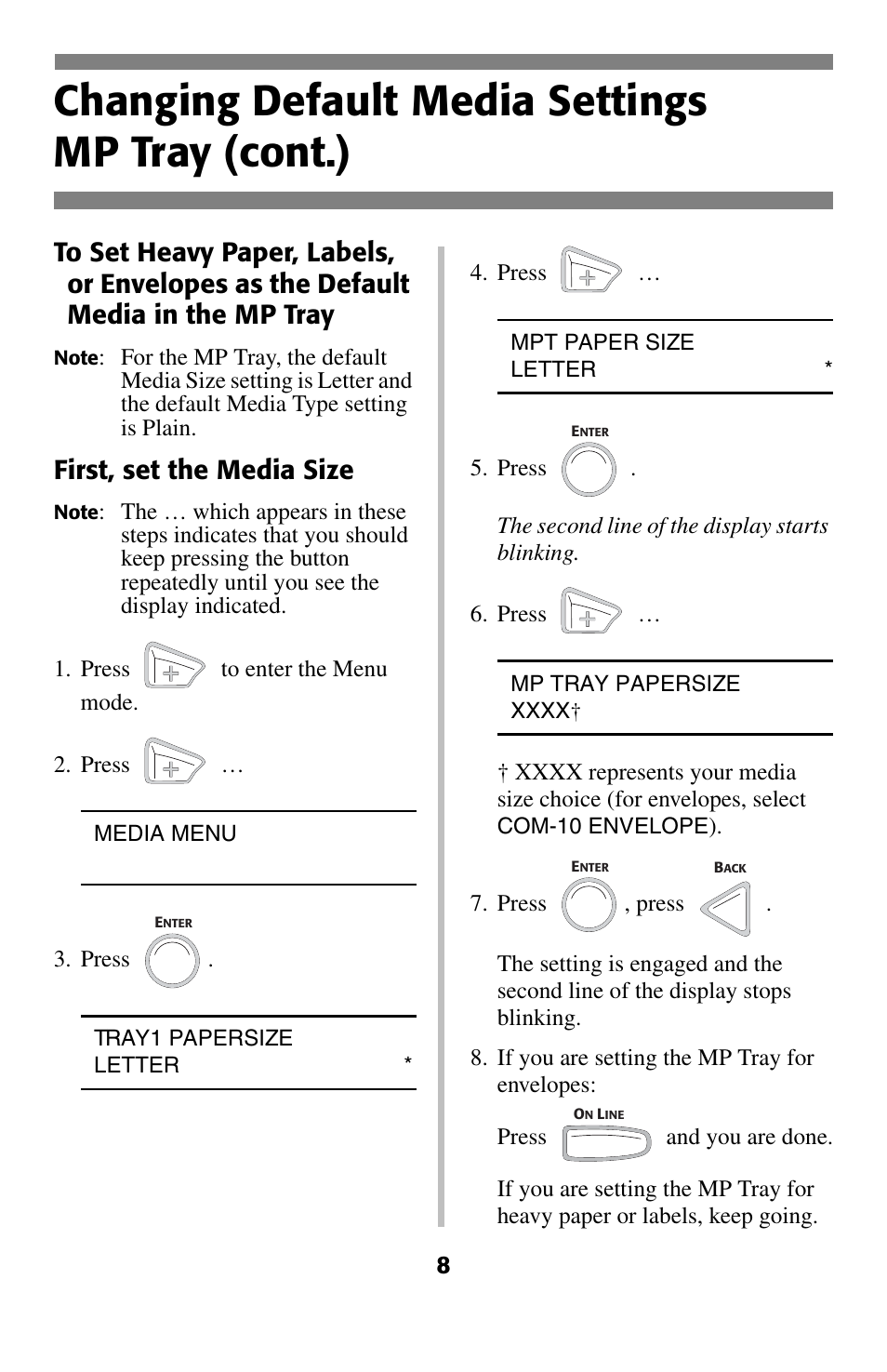 Changing default media settings mp tray (cont.), First, set the media size | Oki C 5200ne User Manual | Page 9 / 41