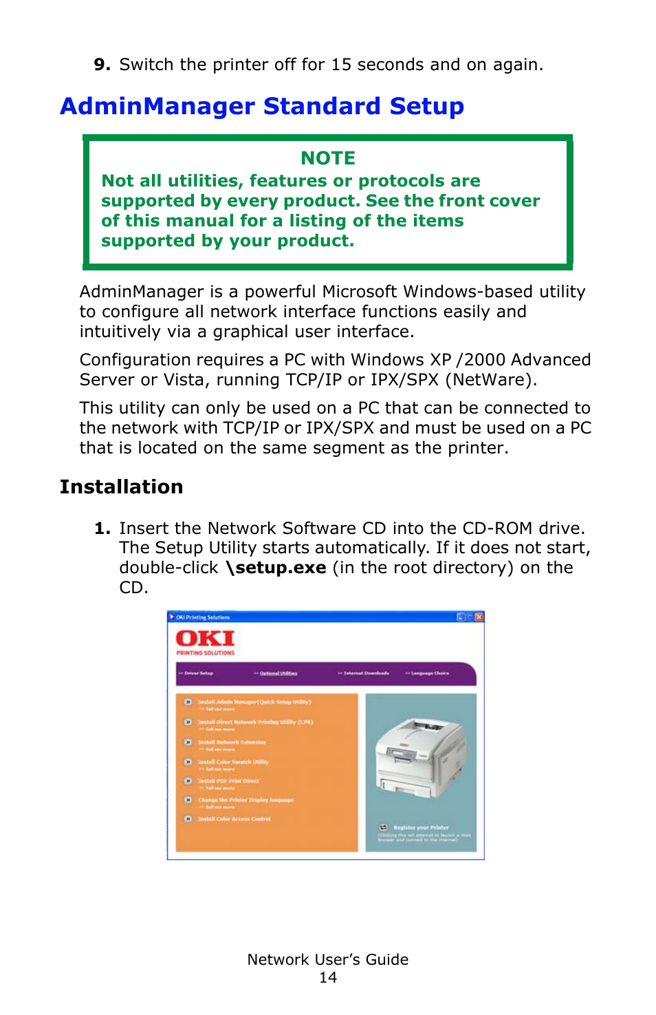 Adminmanager standard setup, Installation | Oki C3600 User Manual | Page 14 / 95