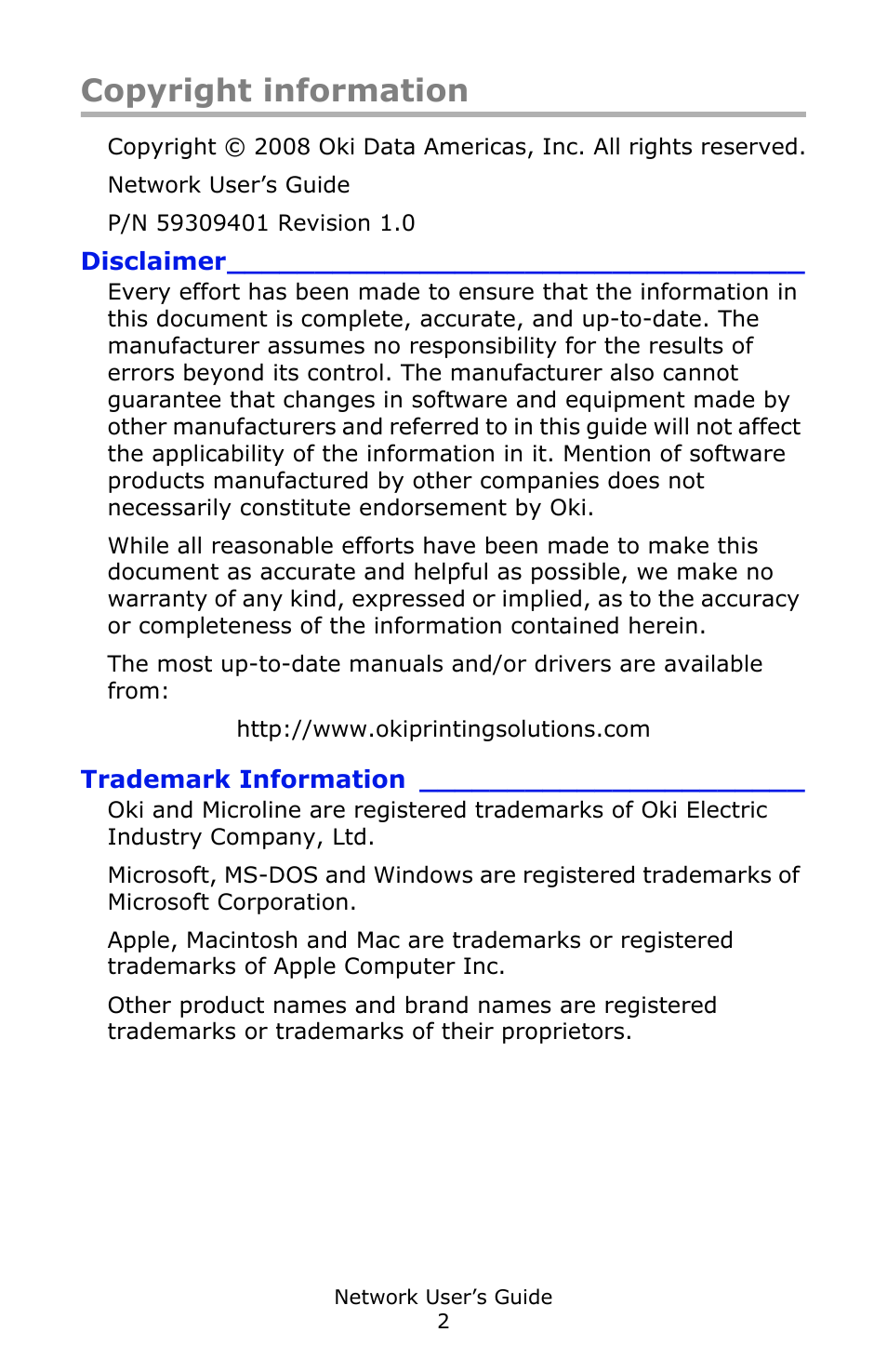 Copyright information | Oki C3600 User Manual | Page 2 / 95