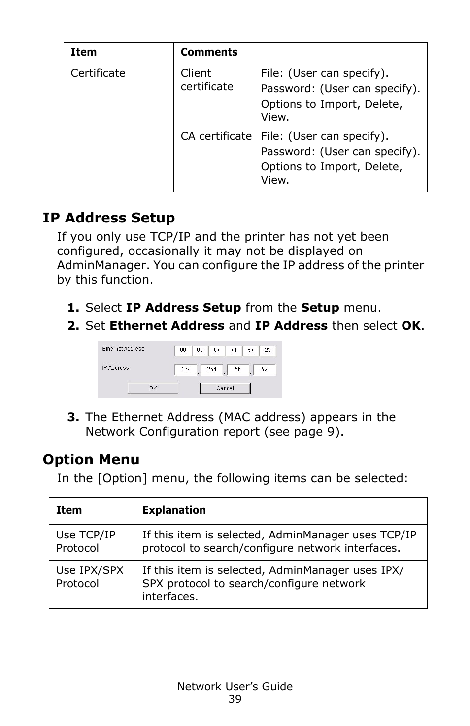 Ip address setup, Option menu | Oki C3600 User Manual | Page 39 / 95