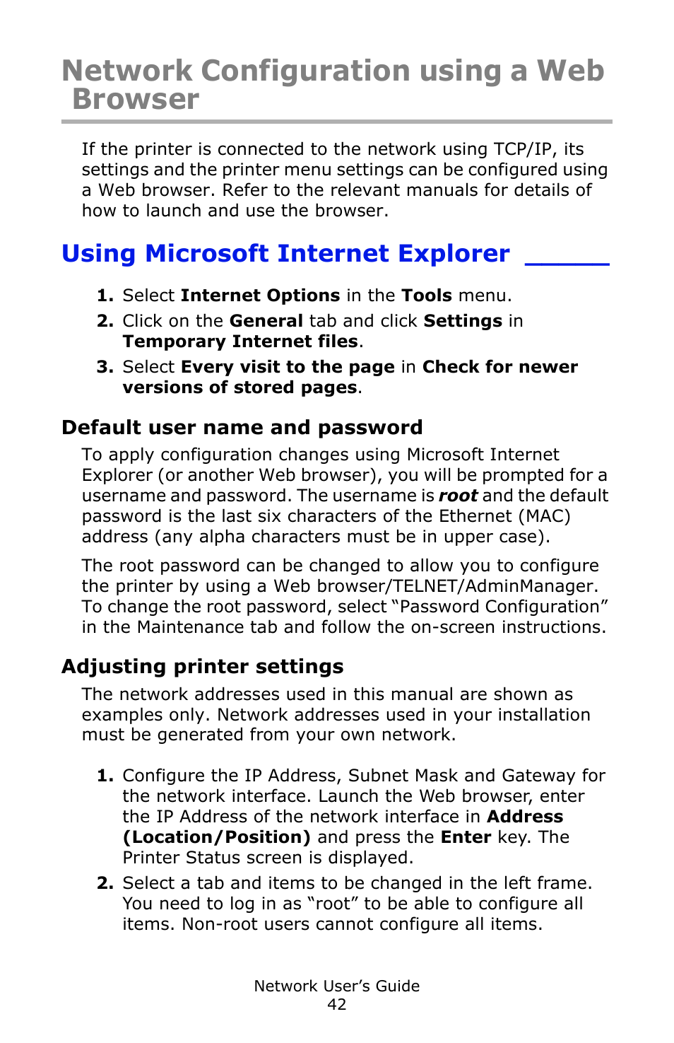 Network configuration using a web browser, Using microsoft internet explorer, Default user name and password | Adjusting printer settings | Oki C3600 User Manual | Page 42 / 95