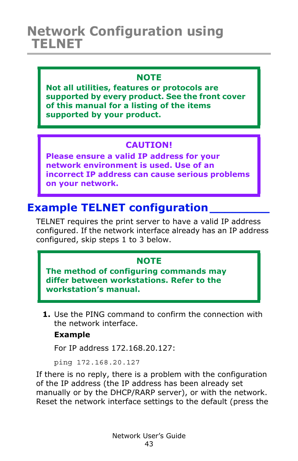 Network configuration using telnet, Example telnet configuration | Oki C3600 User Manual | Page 43 / 95