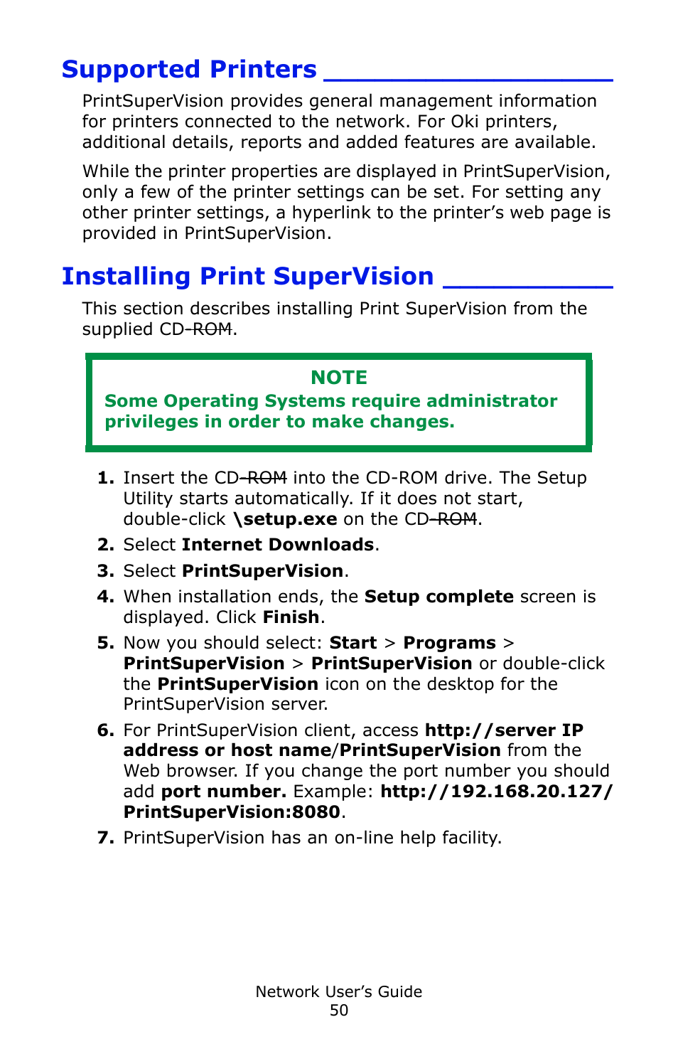 Supported printers, Installing print supervision | Oki C3600 User Manual | Page 50 / 95