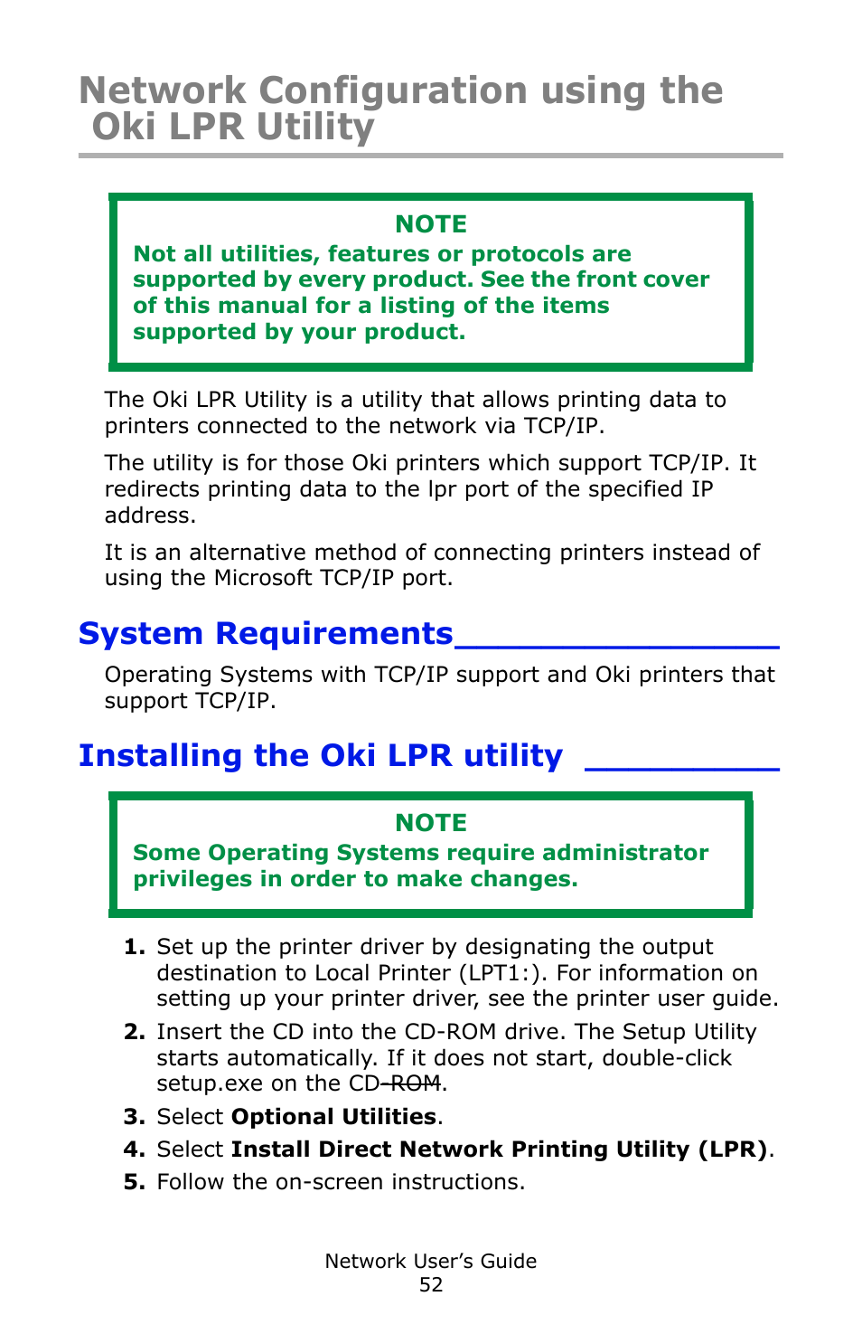 Network configuration using the oki lpr utility, System requirements, Installing the oki lpr utility | Oki C3600 User Manual | Page 52 / 95