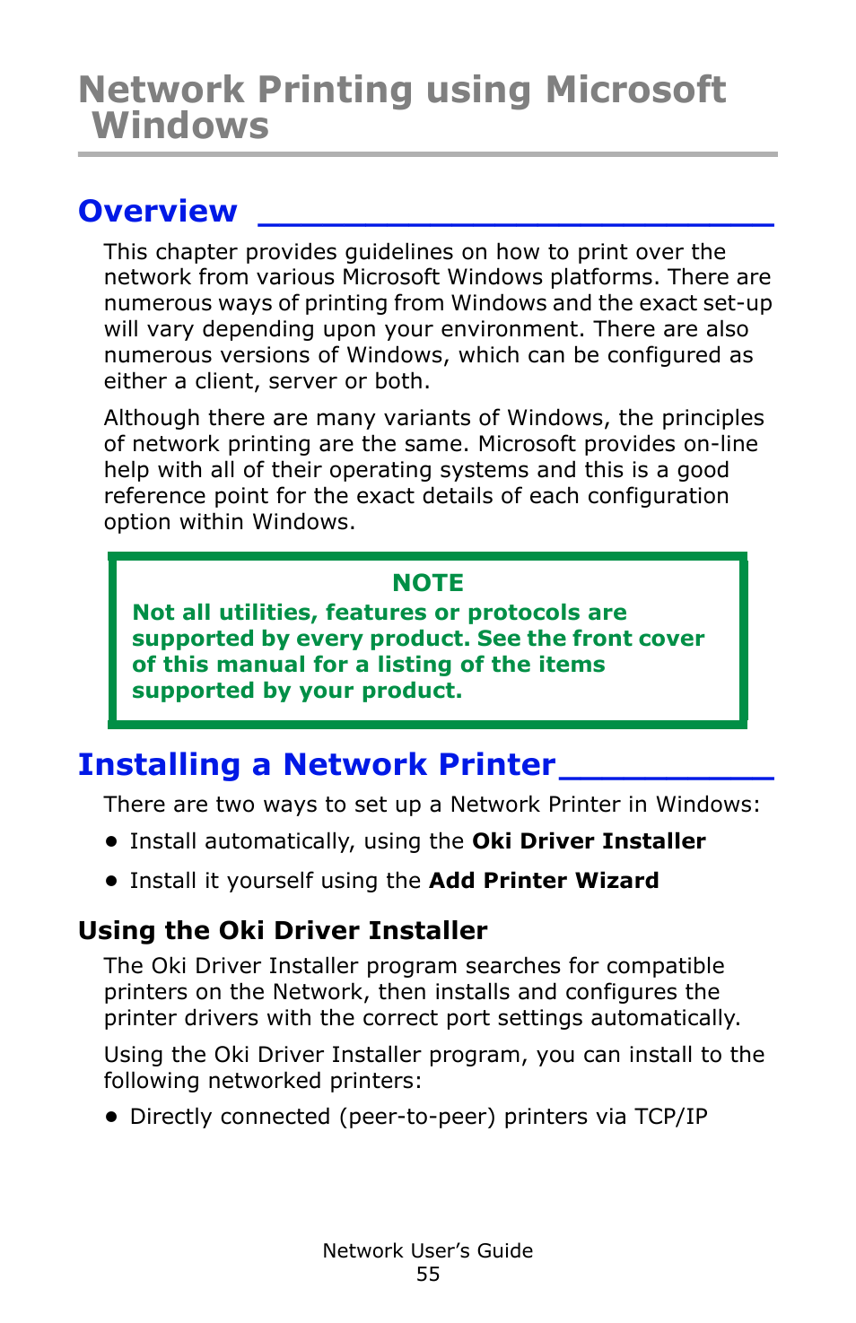 Network printing using microsoft windows, Overview, Installing a network printer | Using the oki driver installer | Oki C3600 User Manual | Page 55 / 95