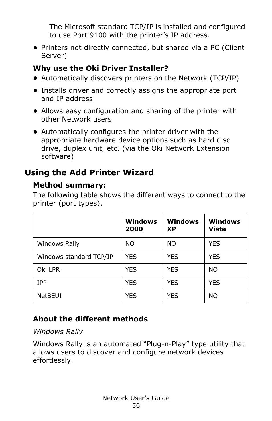 Why use the oki driver installer, Using the add printer wizard, Method summary | About the different methods | Oki C3600 User Manual | Page 56 / 95
