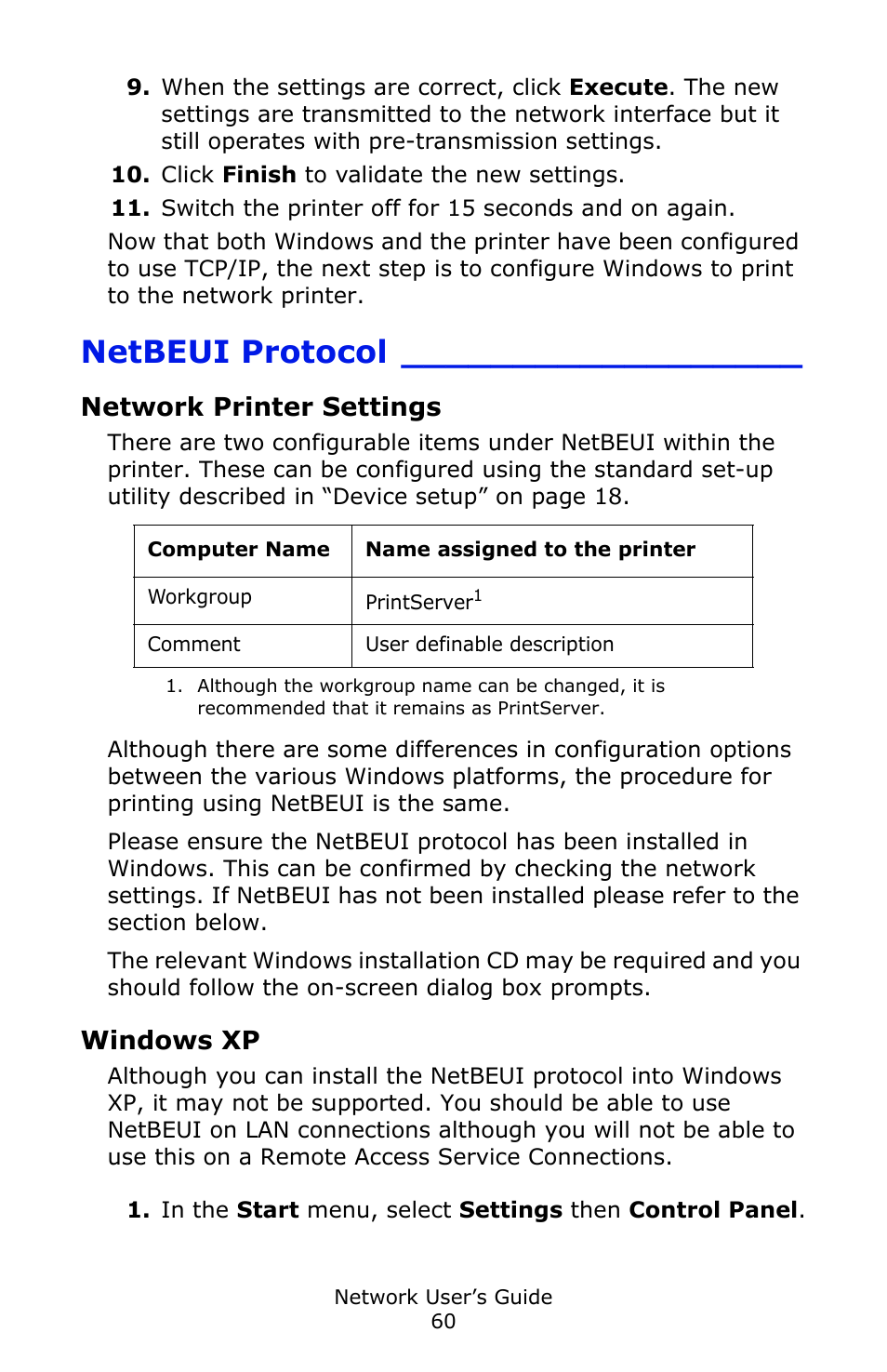 Netbeui protocol, Network printer settings, Windows xp | Oki C3600 User Manual | Page 60 / 95