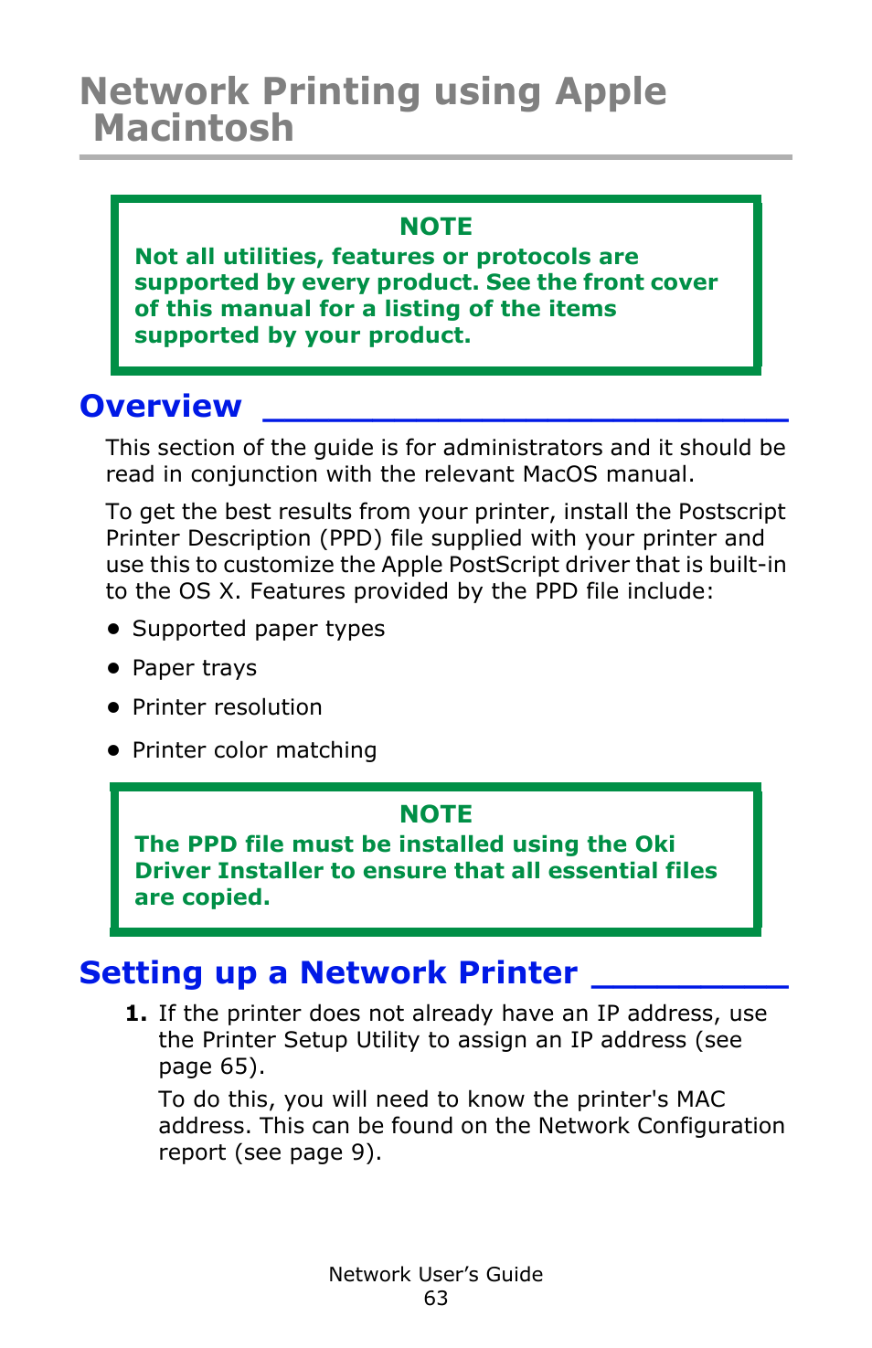 Network printing using apple macintosh, Overview, Setting up a network printer | Oki C3600 User Manual | Page 63 / 95