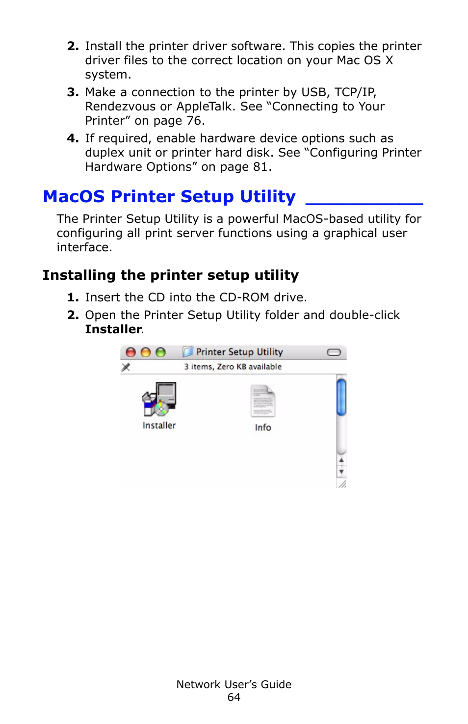 Macos printer setup utility, Installing the printer setup utility | Oki C3600 User Manual | Page 64 / 95