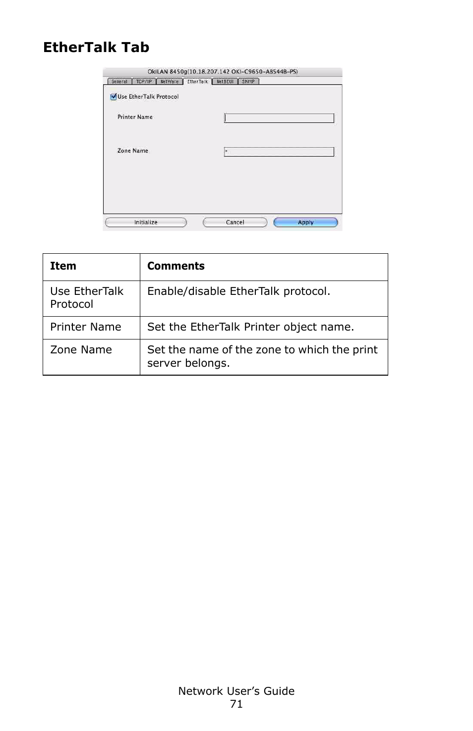 Ethertalk tab | Oki C3600 User Manual | Page 71 / 95