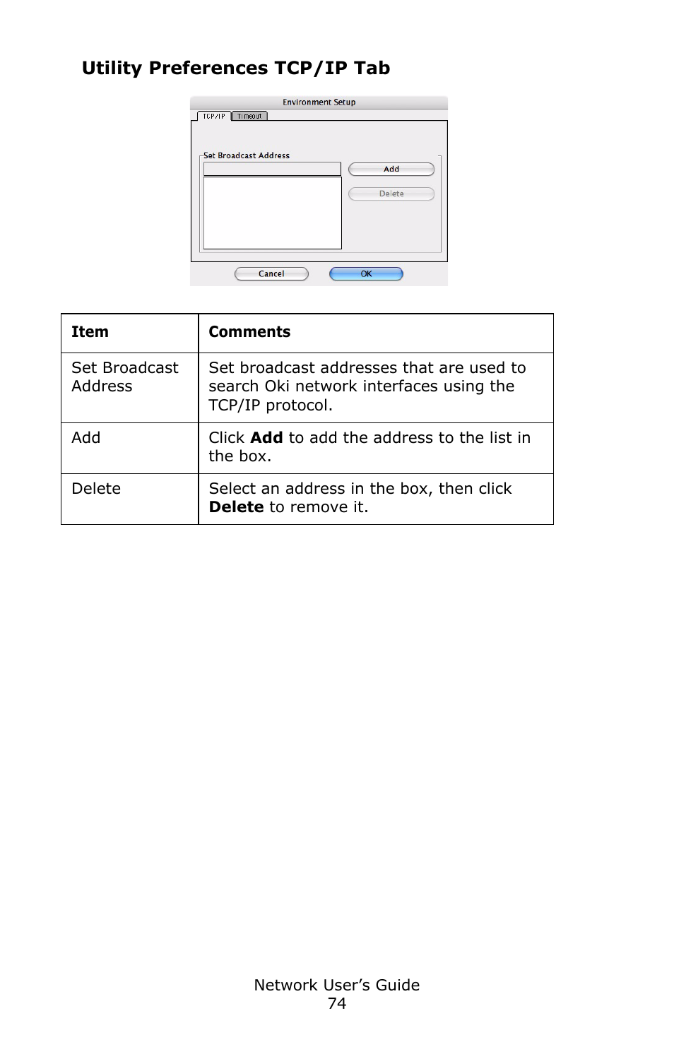 Utility preferences, Utility preferences tcp/ip tab | Oki C3600 User Manual | Page 74 / 95