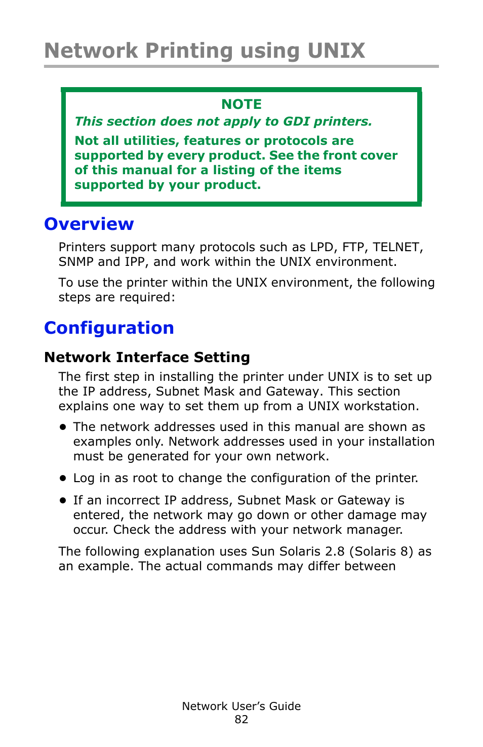 Network printing using unix, Overview, Configuration | Network interface setting | Oki C3600 User Manual | Page 82 / 95