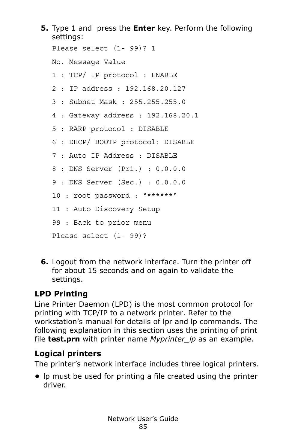 Lpd printing, Logical printers | Oki C3600 User Manual | Page 85 / 95