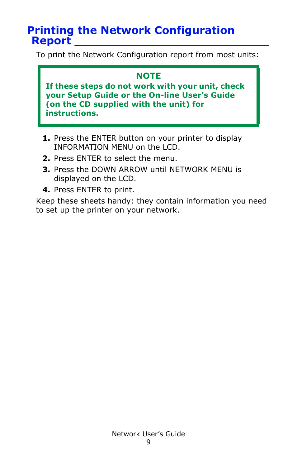 Printing the network configuration report | Oki C3600 User Manual | Page 9 / 95
