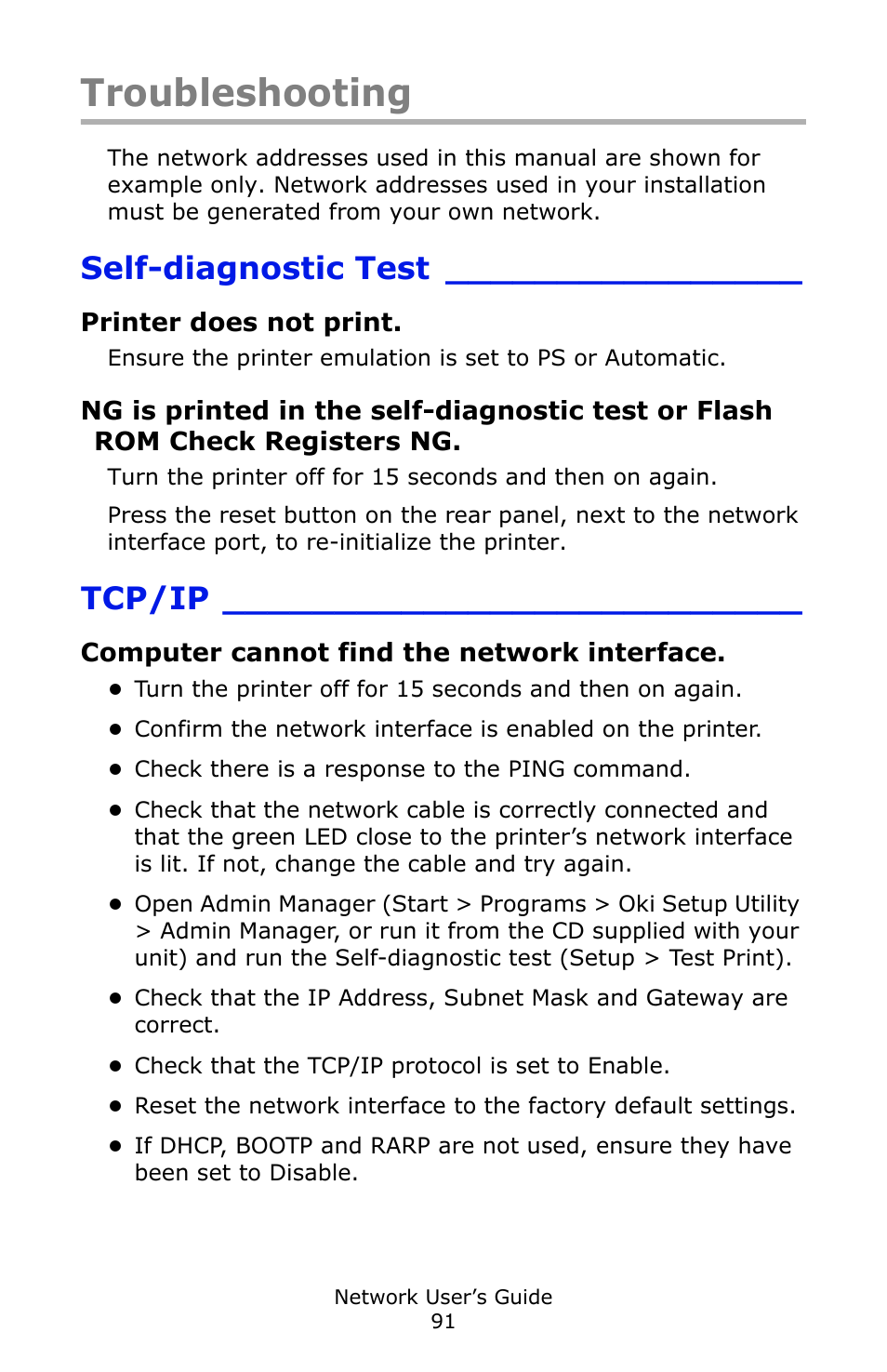 Troubleshooting, Self-diagnostic test, Printer does not print | Registers ng, Tcp/ip, Computer cannot find the network interface | Oki C3600 User Manual | Page 91 / 95