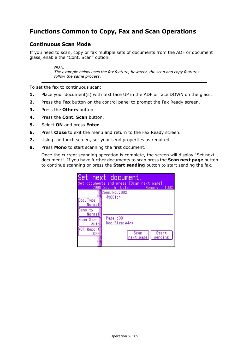 Functions common to copy, fax and scan operations, Continuous scan mode | Oki MC860n MFP User Manual | Page 109 / 180