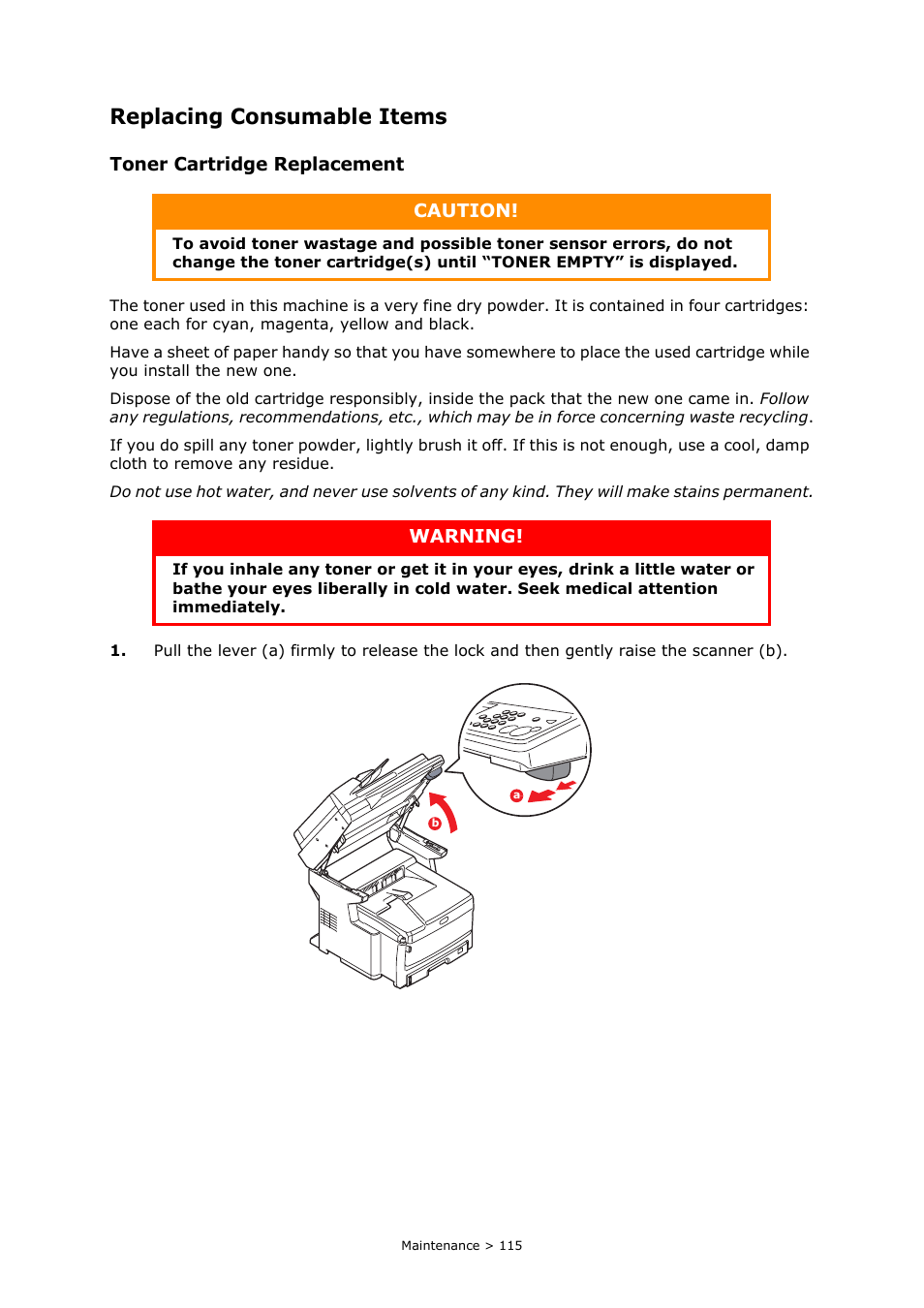 Replacing consumable items, Toner cartridge replacement, Caution | Warning | Oki MC860n MFP User Manual | Page 115 / 180
