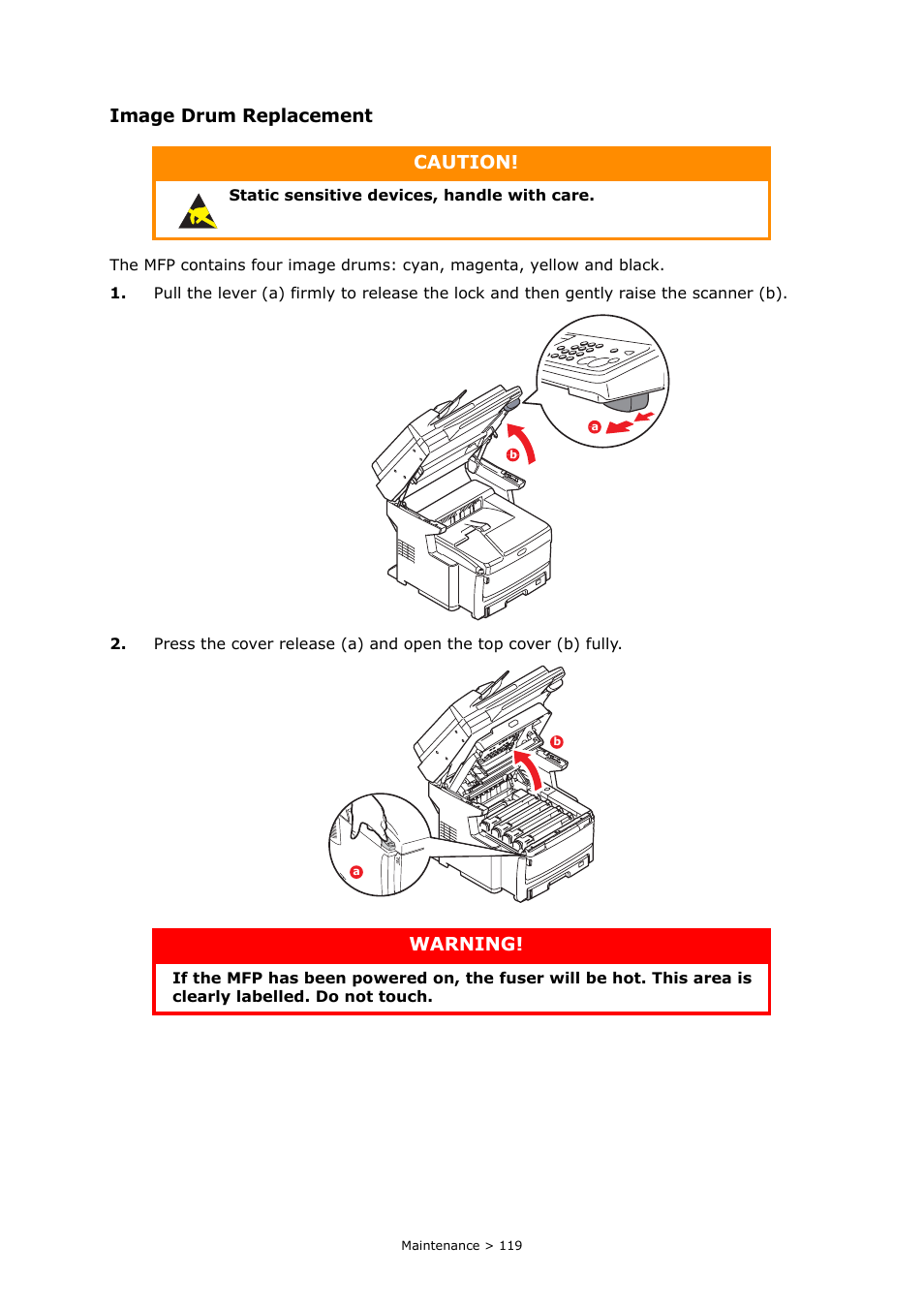 Image drum replacement, Caution, Warning | Oki MC860n MFP User Manual | Page 119 / 180