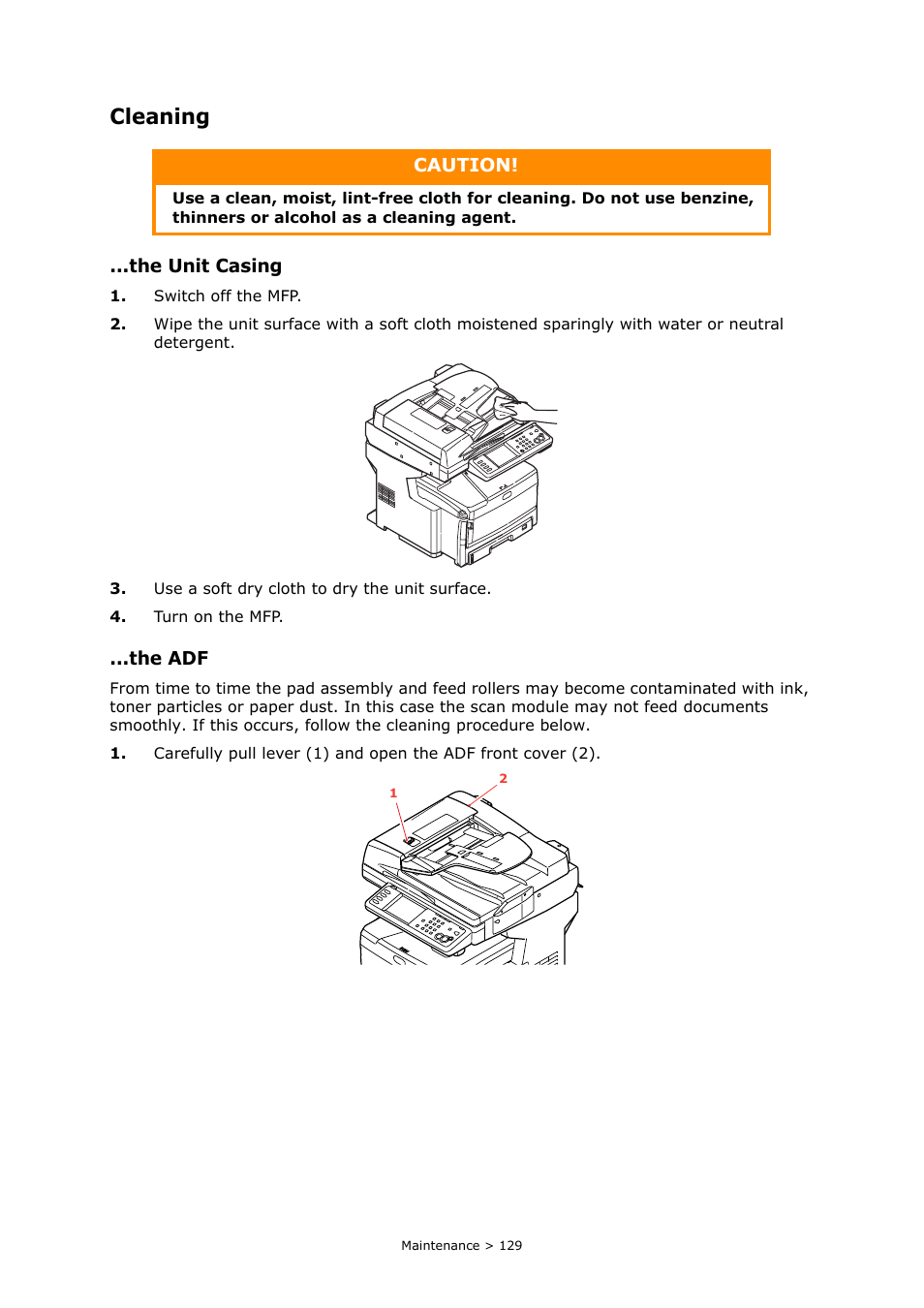Cleaning, The unit casing, The adf | Caution | Oki MC860n MFP User Manual | Page 129 / 180