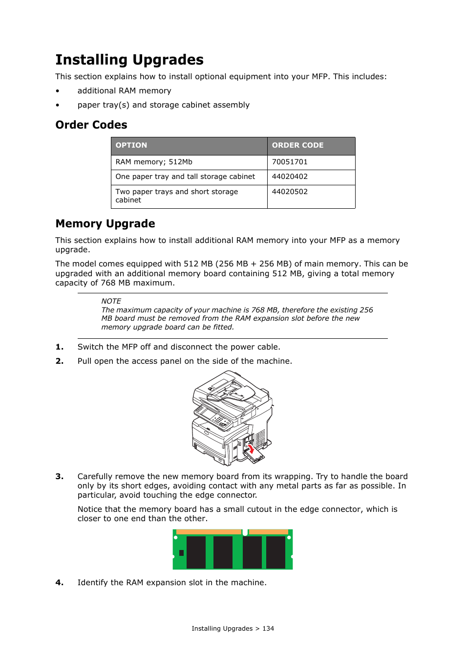 Installing upgrades, Order codes, Memory upgrade | Oki MC860n MFP User Manual | Page 134 / 180