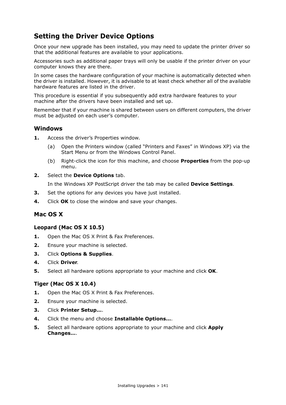 Setting the driver device options, Windows, Mac os x | Oki MC860n MFP User Manual | Page 141 / 180