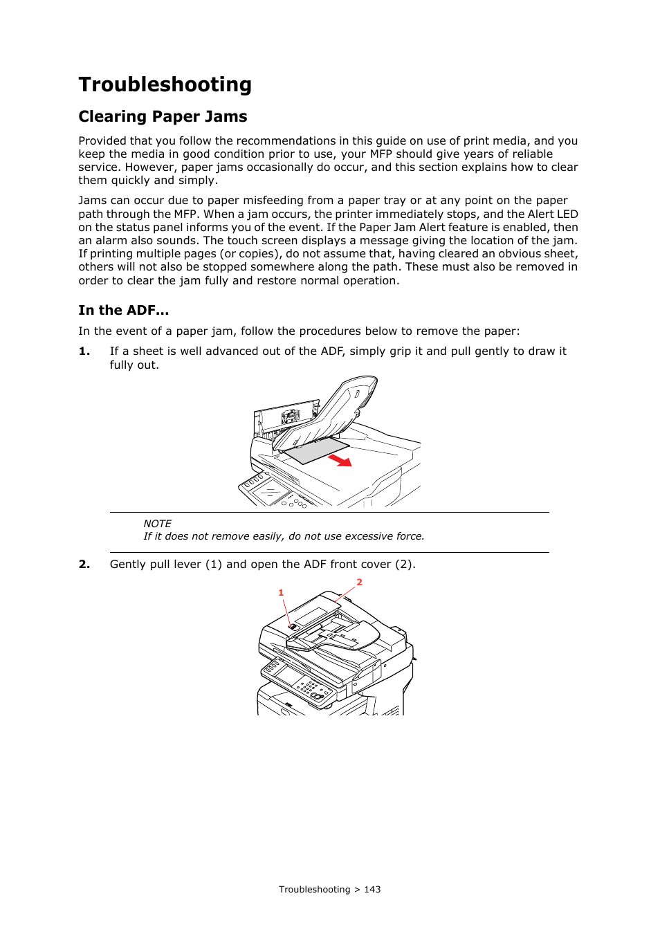 Troubleshooting, Clearing paper jams, In the adf | Oki MC860n MFP User Manual | Page 143 / 180
