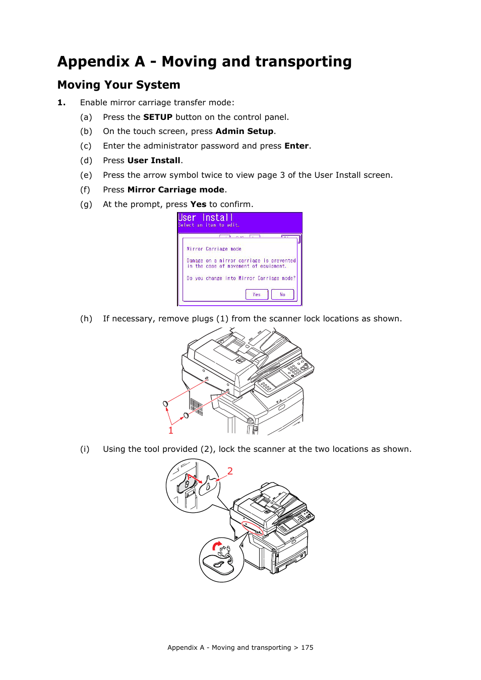 Appendix a - moving and transporting, Moving your system | Oki MC860n MFP User Manual | Page 175 / 180