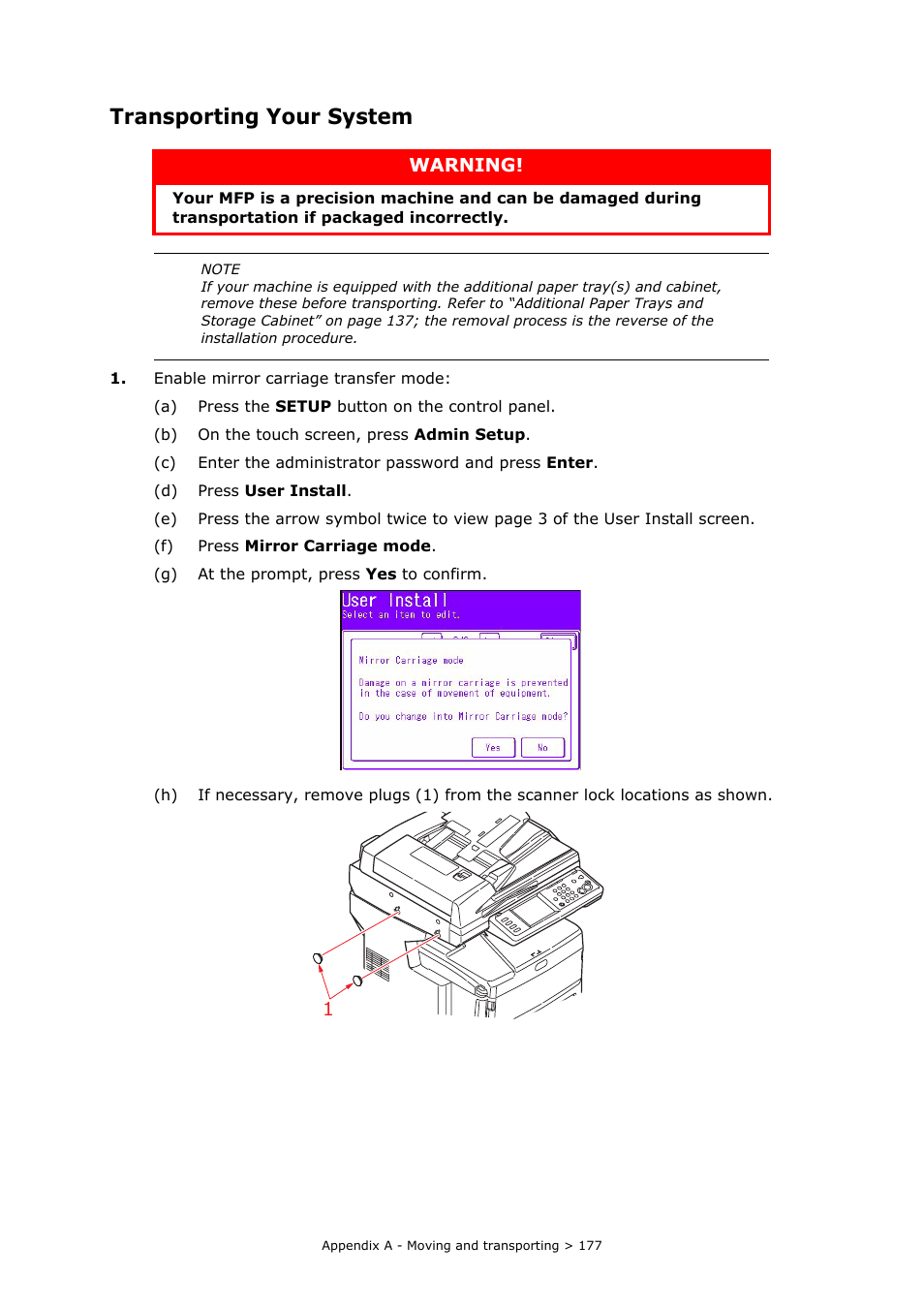 Transporting your system, Warning | Oki MC860n MFP User Manual | Page 177 / 180