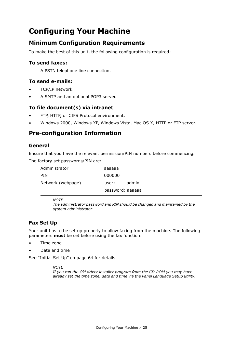 Configuring your machine, Minimum configuration requirements, To send faxes | To send e-mails, To file document(s) via intranet, Pre-configuration information, General, Fax set up | Oki MC860n MFP User Manual | Page 25 / 180